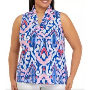 Crown & Ivy Plus Ruffle Neck Linen Printed Top Pink Blue‎ Red Ikat Sleeveless 3X